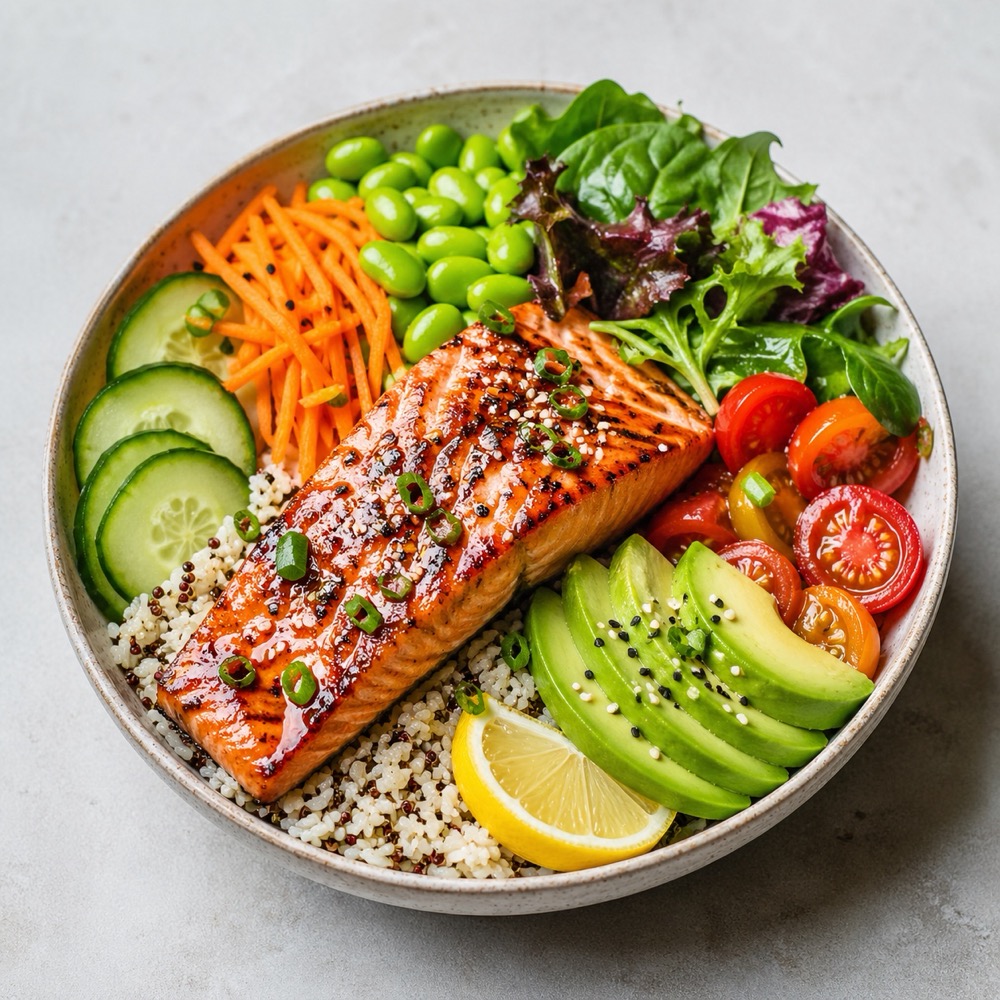 Grilled salmon protein bowl with avocado, cucumber, edamame and cherry tomatoes