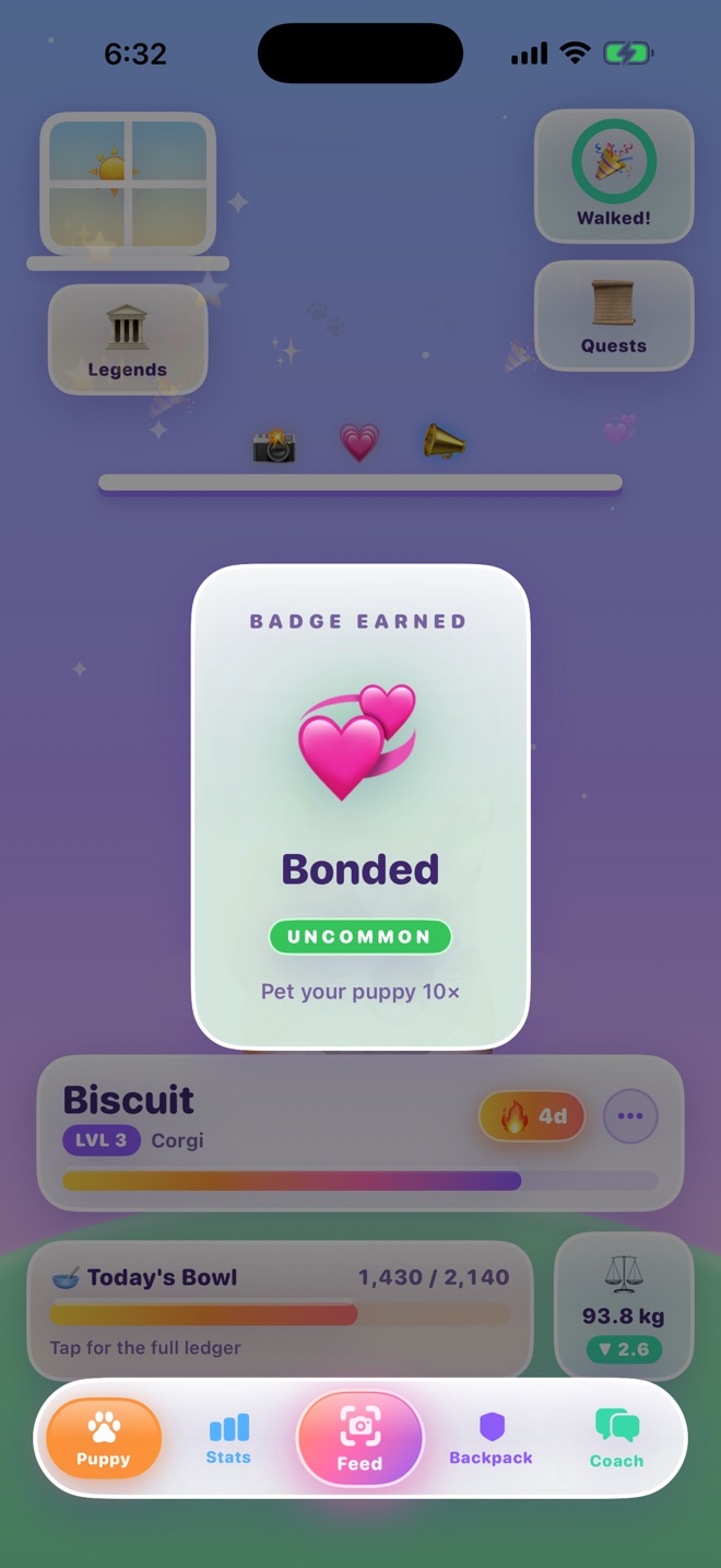 Badge earned overlay: Bonded, uncommon, pet your puppy 10 times