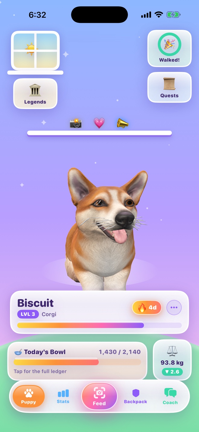 The Den in ChubbyPuppy: Biscuit the corgi standing on a cloud, with a quest scroll, leash, food bowl and scale around the room