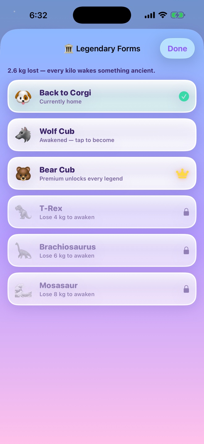 Legendary Forms list: Wolf Cub, Bear Cub, T-Rex, Brachiosaurus, Mosasaur