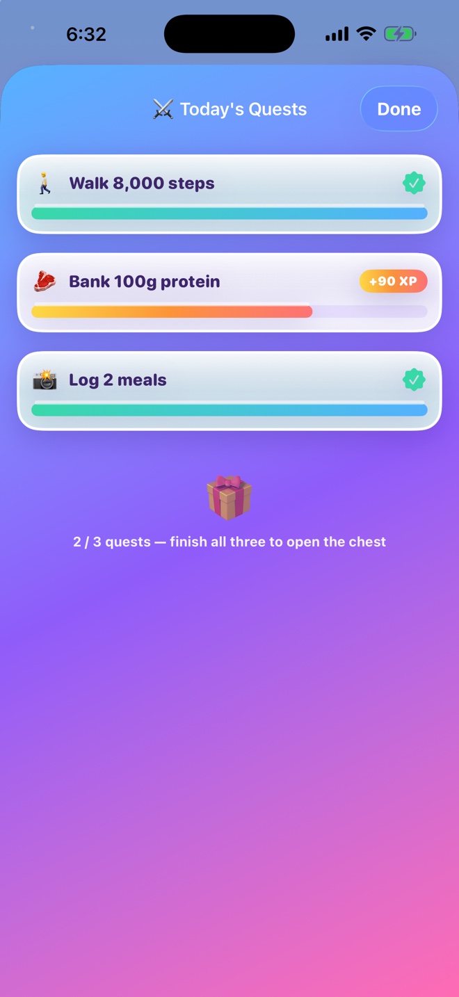 Today's Quests: walk 8,000 steps, bank 100g protein, log 2 meals, with a chest to open
