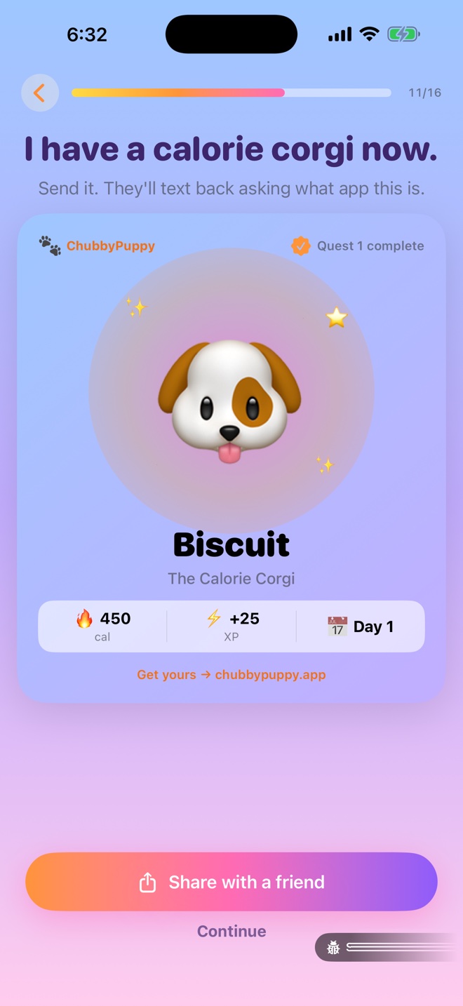 Share card: I have a calorie corgi now, with Biscuit and day one stats