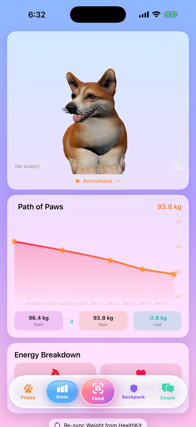 Path of Paws weight chart and energy breakdown