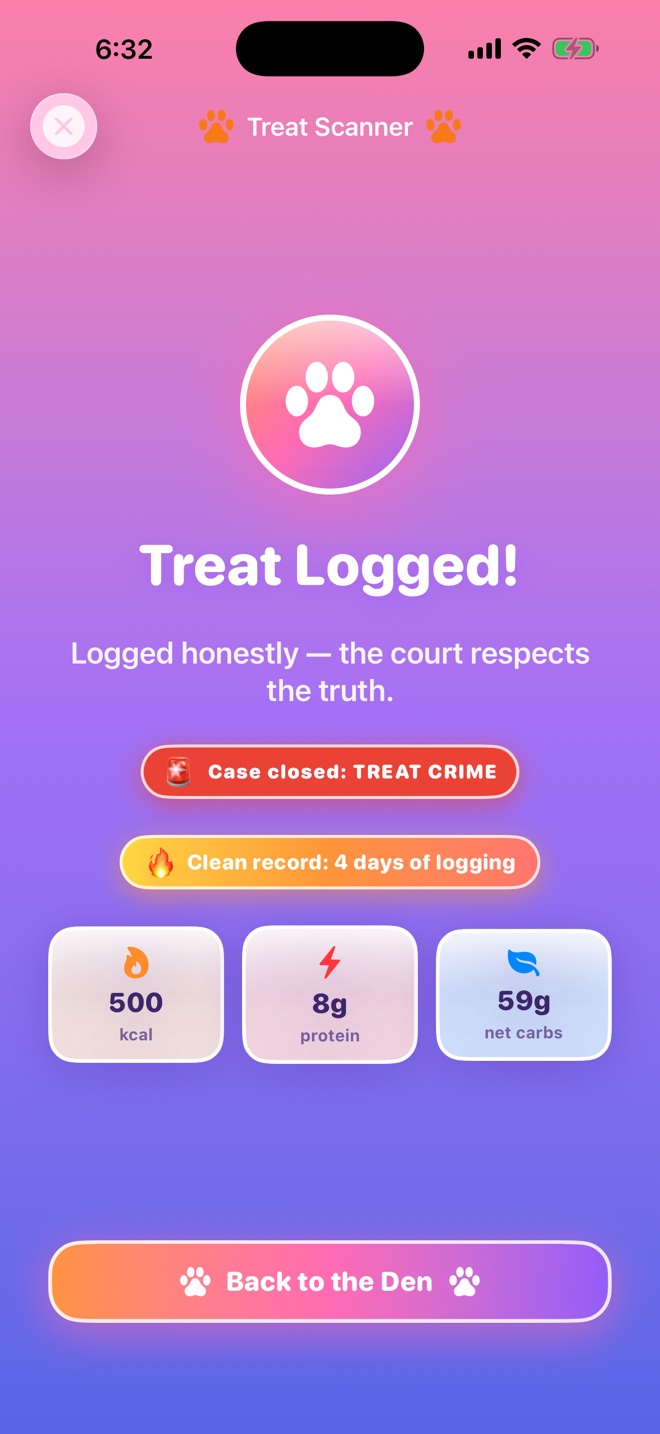 Treat Logged celebration screen with case closed verdict and macro totals
